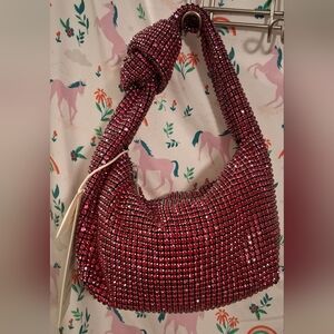 NWT Madison West Hot Pink Rhinestone Club Prom Knit Dumpling Purse Mini Bag